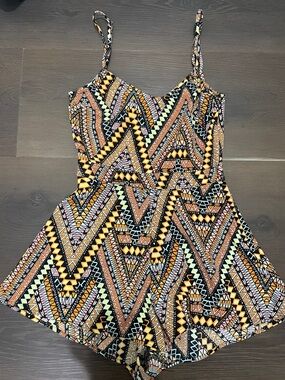 Geometric Print Spaghetti Strap Romper - Black, Orange & Cream